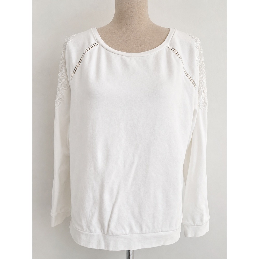 Crown & Ivy White Beaded Sequin Shoulder Sweatshirt Womens Large Crew Neck Top